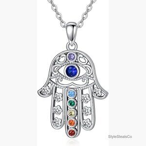 925 Sterling Silver Hamsa Hand Evil Eye Pendant Necklace 18 Inch Chain